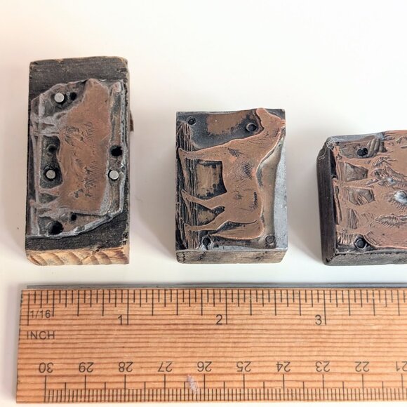 Lot of 3 Antique Copper & Wood Animals Letterpress Printers Blocks Horse Cow - Picture 8 of 9